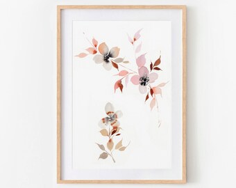 Arte de parede em aquarela de flores rosa românticas para impressão, arte de flores em aquarela botânica, arte de parede floral abstrata, decoração de parede floral de berçário