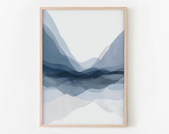 Watercolor Mountain Wall Art, Abstract Landscape Print, Blue Mountain Art, DIGITAL DOWNLOAD ART