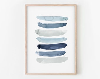 Blue Watercolor Print, Brush Stroke Print, Blue Gray Wall Art, Modern Shapes Art, DIGITAL DOWNLOAD