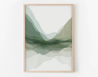 Aquarel Mountain Wall Art, Abstract Landschap Print, Green Mountain Art, DIGITALE DOWNLOAD KUNST
