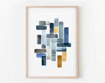 Blau aquarell Pinselstrich Druck, moderne handgezeichnete Formen, einfache geometrische Wandkunst, SOFORTIGER DOWNLOAD
