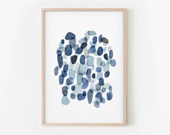 Sea Glass Art Print, Watercolor Pebbles Wall Art, Blue Pebbles Print, Beach Print, INSTANT DOWNLOAD
