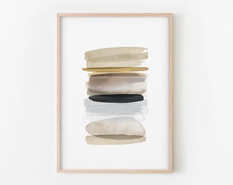 May include: Abstract art print with a stack of horizontal brushstrokes in shades of brown, gray, and black. The print is framed in a light wood frame.