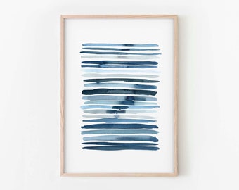 Watercolor Blue Stripes Wall Art, Modern Minimalist Brush Stroke Print, INSTANT DOWNLOAD