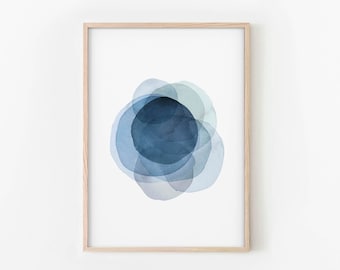 Minimal Blue Wall Art, Abstract Poster, Modern Shapes Art, Watercolor Circles Print, INSTANT DOWNLOAD