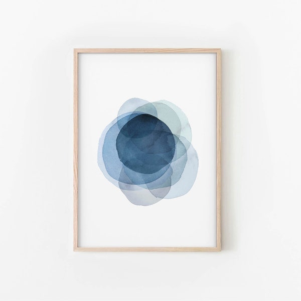 Minimal Blue Wall Art, Abstract Poster, Modern Shapes Art, Watercolor Circles Print, INSTANT DOWNLOAD