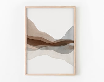 Abstrakter Bergdruck, Moderne Landschaftskunst, Neutraler Druck, braune und graue Landschaft Wandkunst, DIGITALER DOWNLOAD