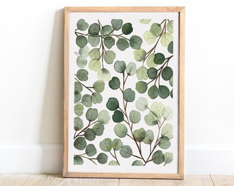 Printable Watercolor Eucalyptus Leaves Branch Wall Art, Green Leaves Foliage Modern Wall Art, Botanical Leaves Branch Art, Instant Download