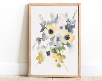 Abstract Watercolor Loose Flowers  Fine Art Print, Whimsical Anemone Flowers Wall Art, Yellow Anemone Art, Watercolor Floral Wall Art