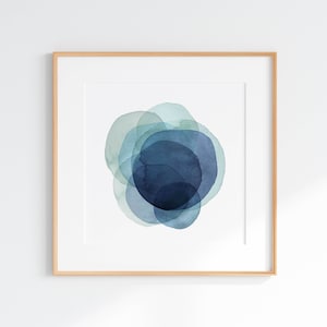 Impressão de formas azuis torquesa, arte abstrata em círculos em aquarela, arte minimalista, impressão quadrada moderna, DOWNLOAD INSTANTÂNEO