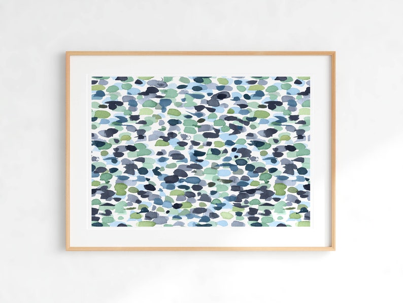Puede incluir: Pintura abstracta de acuarela con fondo blanco y un patr&oacute;n de puntos azules, verdes y grises.