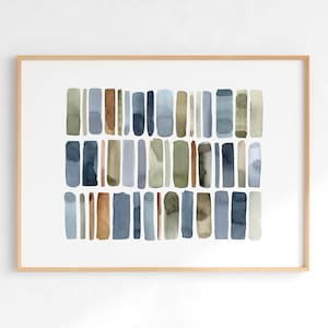 May include: Abstract watercolor painting with a grid of rectangular shapes in shades of blue, green, and brown.