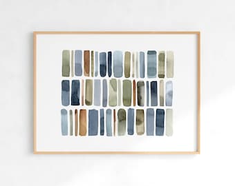 Moderne blaue und neutrale Kunst, einfache Aquarell geometrische Wandkunst, Pinselstrich Druck, horizontale Wandkunst, INSTANT DOWNLOAD
