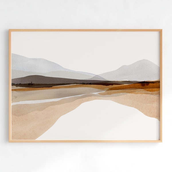 Minimalistische Aquarell Landschaft, abstrakte Berge Wandkunst, neutraler Druck, horizontaler Landschaftsdruck, DIGITAL DOWNLOAD