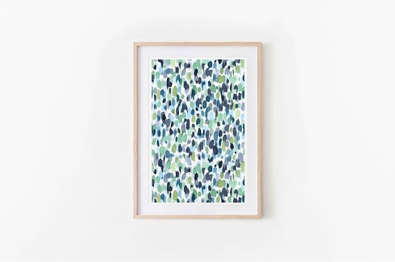 Blue Green Wall Art, Watercolor Dot Art, Modern Brush Strokes Print, INSTANT DOWNLOAD