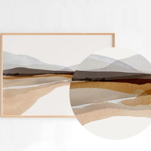 May include: Abstract watercolor painting of a landscape with brown, beige, and gray mountains and hills. The painting has a soft, muted color palette and a minimalist style.