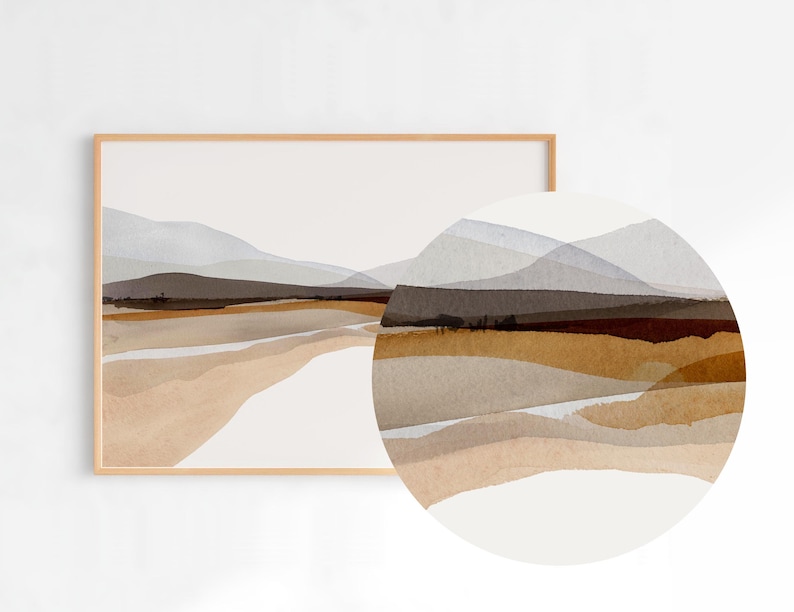 May include: Abstract watercolor painting of a landscape with brown, beige, and gray mountains and hills. The painting has a soft, muted color palette and a minimalist style.