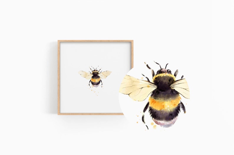 Puede incluir: Una pintura de acuarela de un abejorro con rayas negras y amarillas, volando con las alas extendidas. La abeja est&aacute; pintada en un estilo realista con detalles como el cuerpo peludo y las alas transl&uacute;cidas.