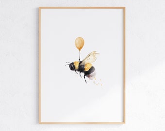 Art mural d’abeille et de ballon, impression d’abeille aquarelle, art de bourdon, affiche d’abeille de miel, illustration fantaisiste de pépinière, TÉLÉCHARGEMENT NUMÉRIQUE