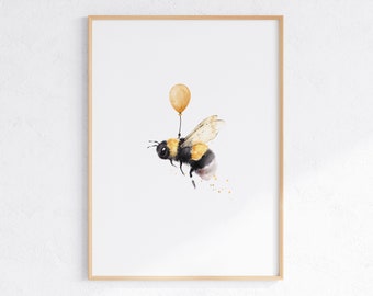 Bee And Balloon Wall Art, Watercolor Bee Print, Bumblebee Art, Honey Bee Poster, Whimsical Nursery Illustration, DIGITAL DOWNLOAD