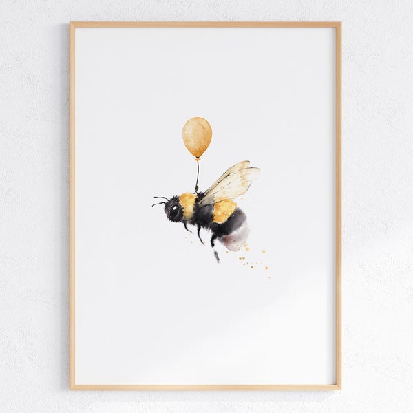 Bee And Balloon Wall Art, Watercolor Bee Print, Bumblebee Art, Honey Bee Poster, Whimsical Nursery Illustration, DIGITAL DOWNLOAD