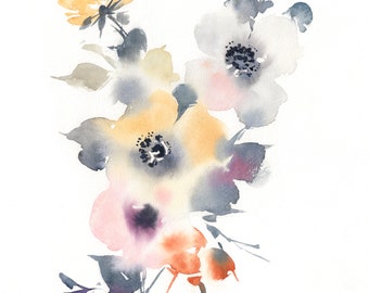 Peinture colorée moderne de fleurs, florals lâches abstraits d’aquarelle de modèle, art de mur de pépinière, arwork original fantaisiste