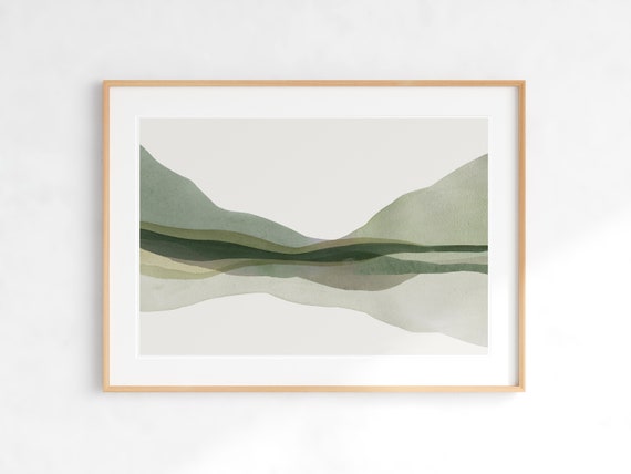 Sage Green Mountain Print,  Serene Wall Art, Abstract Landscape Print, Green and Gray Print, Modern Watercolor Print, DIGITAL DOWNLOAD ART