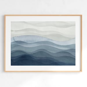 Arte abstrata de parede ondulada, impressão de arte azul, arte oceânica em aquarela, DOWNLOAD DIGITAL