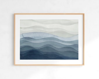 Abstract Wave Wall Art, Blue Art Print, Watercolor Ocean Art, DIGITAL DOWNLOAD