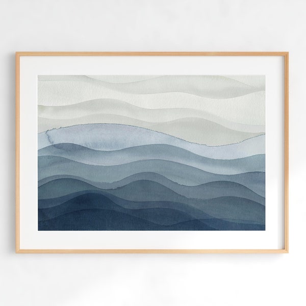 Abstract Wave Wall Art, Blue Art Print, Watercolor Ocean Art, DESCARGA DIGITAL