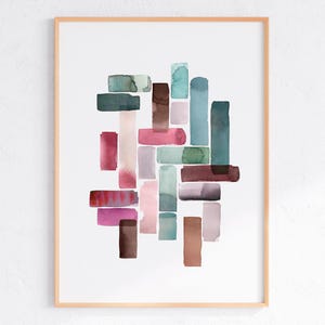 May include: Abstract watercolor painting with a geometric pattern of overlapping rectangles in shades of pink, red, brown, and green.