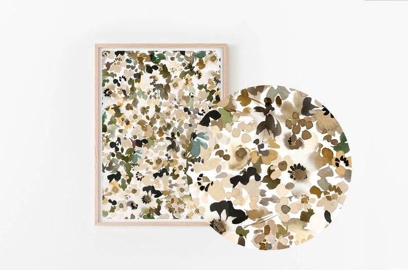 May include: A framed print with a white background and a pattern of abstract flowers in shades of brown, beige, green, and black.