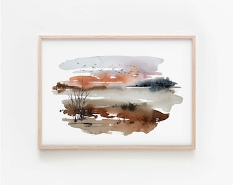 Landscape Art Print, Abstract Swamp Watercolor Painting, Neutral Print, Digital Download Art