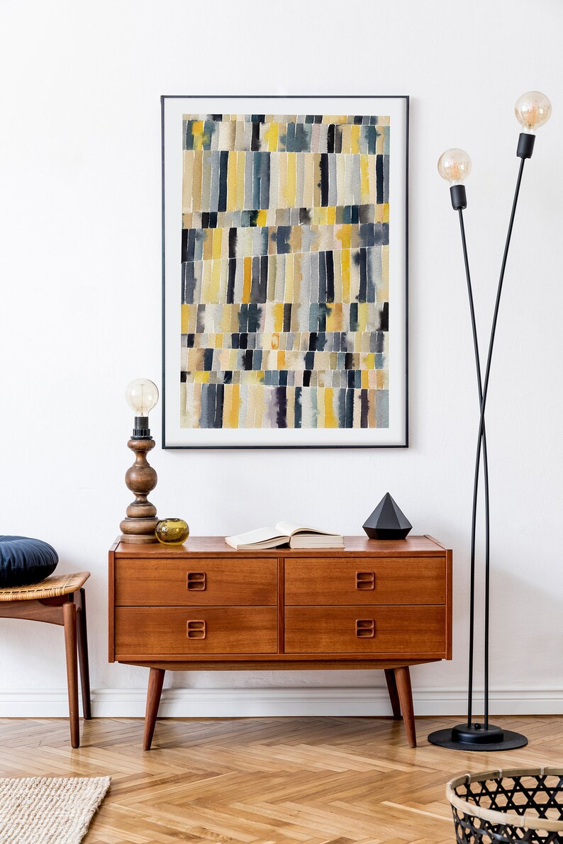 Yellow and Gray Geometric Wall Art Modern Watercolor Stripes Etsy