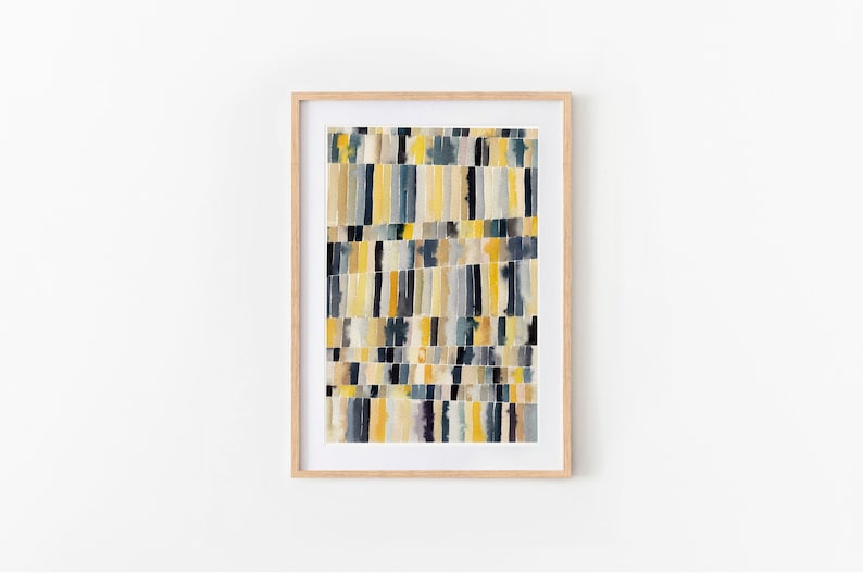 Yellow and Gray Geometric Wall Art Modern Watercolor Stripes Etsy