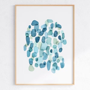 Teal Sea Glass Print, Watercolor Pebbles Wall Art, Blue Green Poster, Beach House Wall Art, INSTANT DOWNLOAD