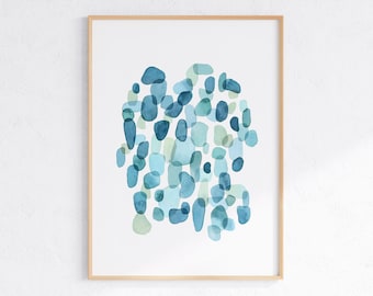 Impresión de cristal de mar verde azulado, arte de pared de guijarros de acuarela, cartel verde azul, arte de la pared de la casa de playa, DESCARGA INSTANTÁNEA