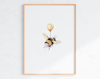 Arte mural de abejas y globos, impresión de abejas en acuarela, arte de abejorros, póster de abejas, ilustración infantil caprichosa, descarga digital