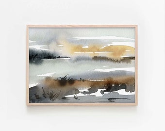 Landscape Art Print, Abstract Swamp Watercolor Painting, Neutral Print, Digital Download Art