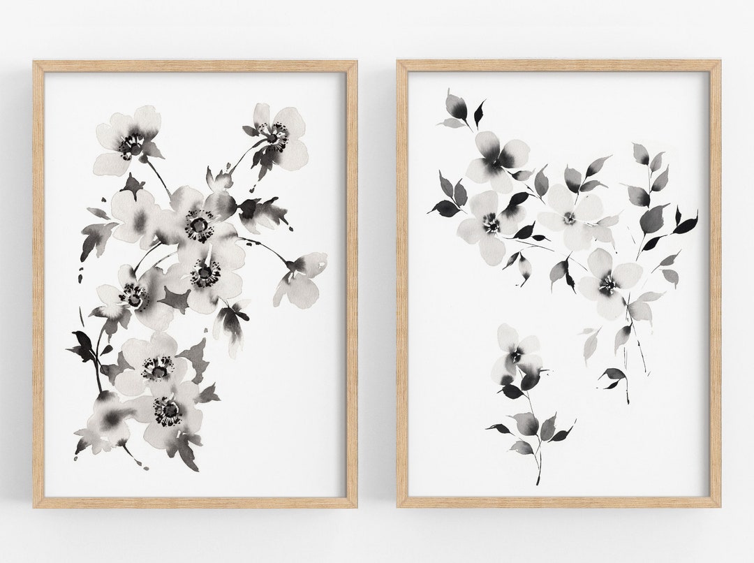 Printable Black and White Watercolor Flowers Set of 2, Abstract Loose