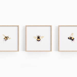 Bee Print Set of 3, Watercolor Bumblebee Print, Square Print, Honey Bee Poster, DIGITAL DOWNLOAD