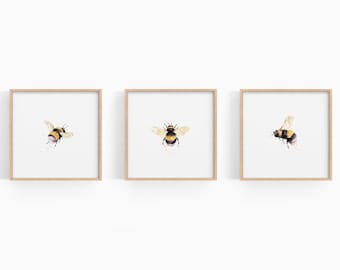 Bee Print Set of 3, Watercolor Bumblebee Print, Square Print, Honey Bee Poster, DIGITAL DOWNLOAD