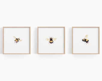 Juego de 3 impresiones de abejas, impresión de abejorro en acuarela, impresión cuadrada, póster de abeja melífera, descarga digital