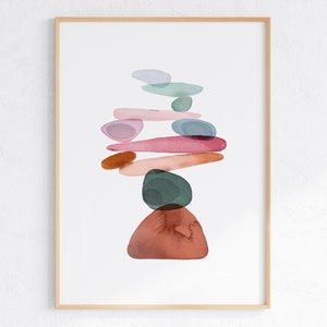 Balancing Stones Print, Aquarell Felsen Wandkunst, druckbare abstrakte Kunst, buntes Poster, rosa grünes modernes Wanddekor, DIGITALER DOWNLOAD