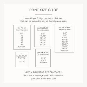May include: Print size guide with various dimensions in inches and centimeters. Includes sizes such as 5x7, 11x14, 16x20, 24x36, and A1 (50x70cm). Text states, "Send me a message and I will customize your print at no extra cost!"