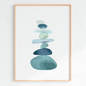 Impresión de rocas equilibrantes, arte de pared verde azulado, impresión verde azul, póster de acuarela abstracta, arte de formas modernas, DESCARGA DIGITAL