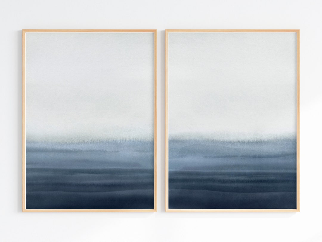 Blue Wall Art, Set of 2 Prints, Abstract Ocean Art, Blue Decor, Minimal ...