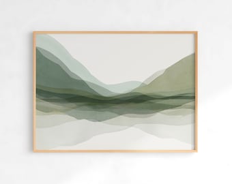 Green Mountain Wall Art, Abstract Landscape Print, Watercolor Mountain Art, DIGITAL DOWNLOAD ART