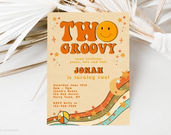 Two Groovy Boy's Birthday Party Invitation Template, Peace Love Party, Orange Retro Groovy Party, Hippie 70s 2nd Birthday Party Invite