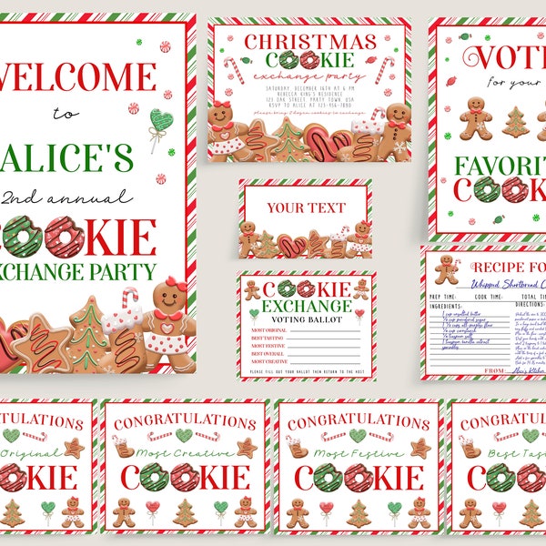 Editable Christmas Cookie Exchange Party Bundle, Holiday Cookie Party Package Template, Printable Christmas Cookie Party Set, Corjl
